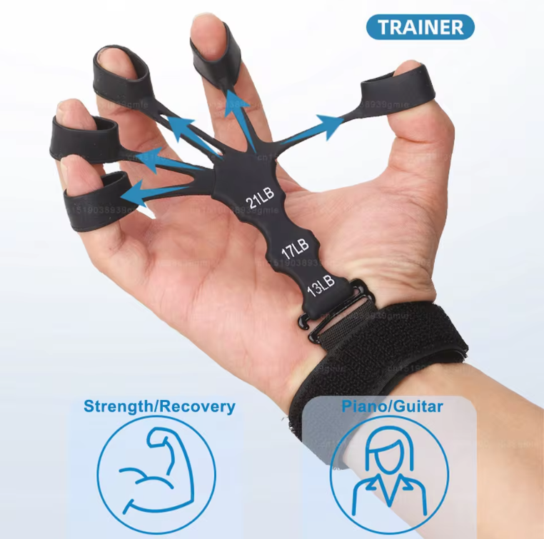 Hand demonstrating grip master and finger stretcher with size measurements for finger and hand strength exercises.