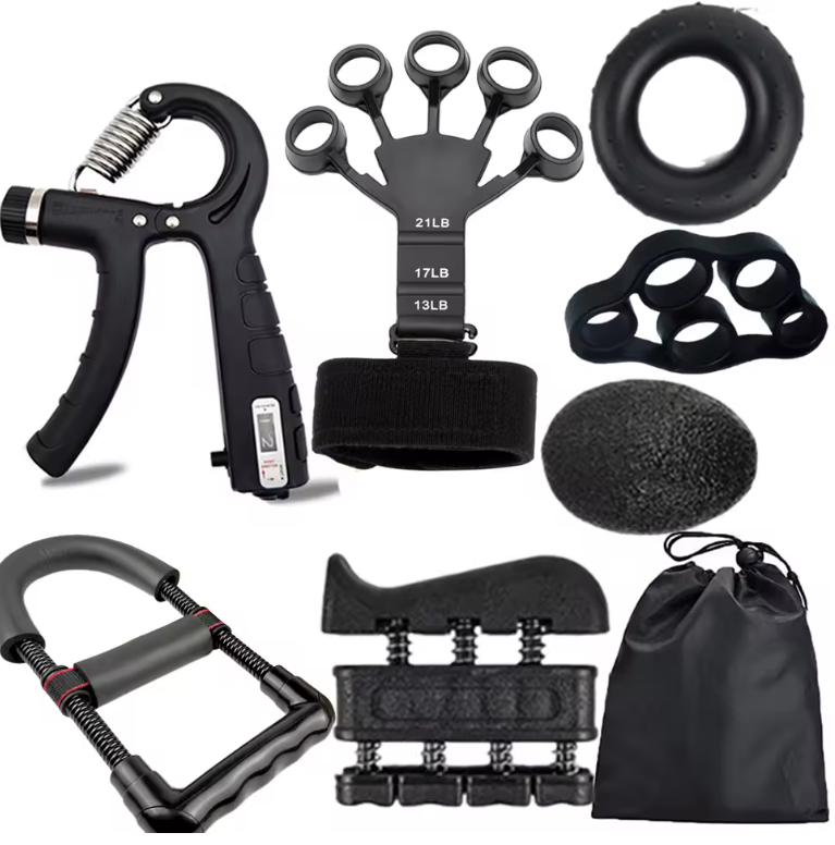 Hand strength trainer kit for multiple uses, including climbing, arm wrestling, weightlifting, guitar, and piano.