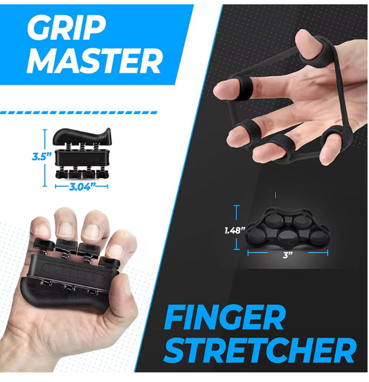 Adjustable grip strength trainer kit with finger stretcher, grip master, resistance ring, stress ball, and carry bag on white background