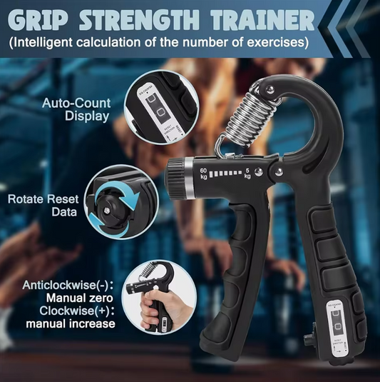 Adjustable hand grip strengthener showing counter, resistance adjustment dial, and ergonomic handle for tracking progress.